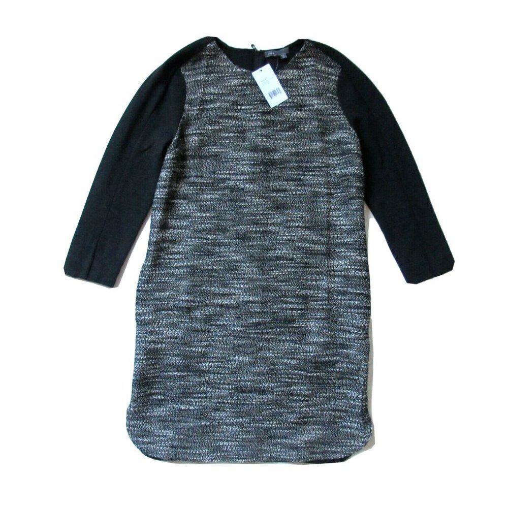 NWT Vince Textured Shift in Black Tweed Cotton Wool Dress XS $425